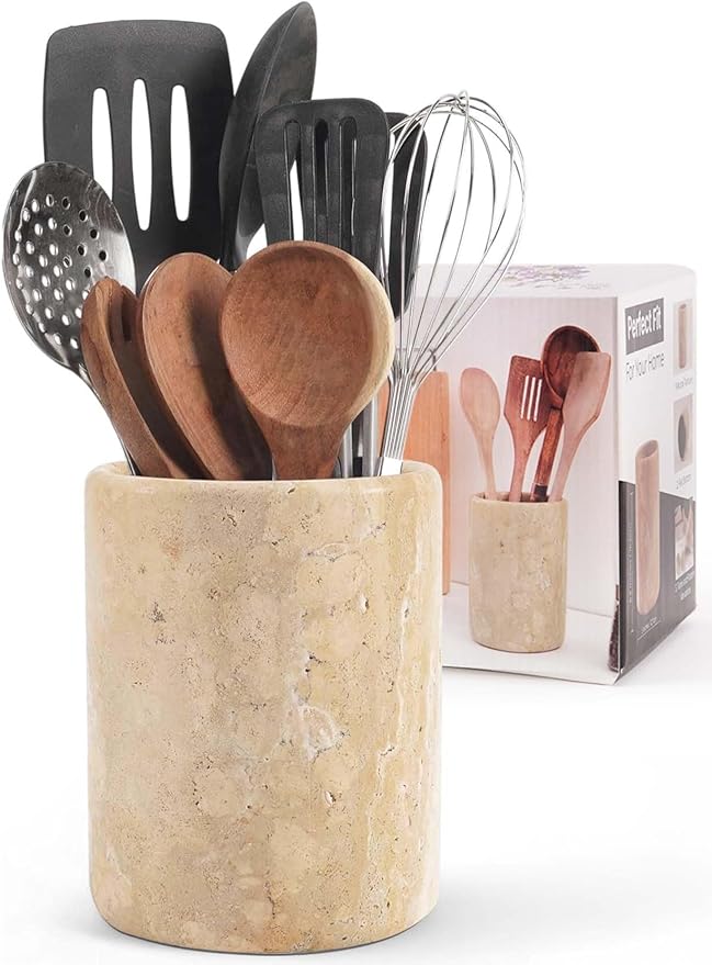 Marble Utensil Holder 6.5 Inch Travertine Utensil Caddy, Wooden Cooking by SPESHSTONES