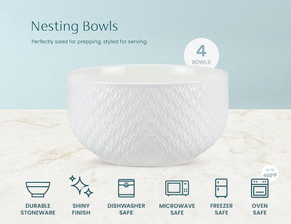KooK Ceramic Mixing Bowls, Nesting Set of 4, Embossed Kitchen Dishware - Image 5
