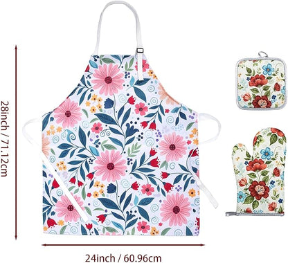 Floral Apron and Oven Mitt Set 3 Piece, Heat Resistant Kitchen Mittens and Pot - Image 2