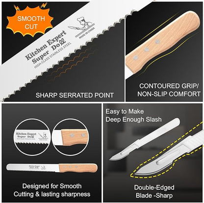2-Pack Bread Knife & Bread Lame Set: 8" Premium Stainless Steel Serrated Knives Blade with Wood Handle for Homemade Bread, Sourdough Tomato, Bagel + Dough Scoring Tool for Razor Sharp Carving