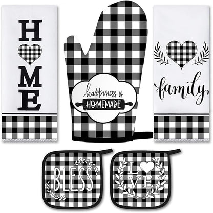 5 Pieces Buffalo Plaid Kitchen Towels Oven Mitts and Pot Holder Set Black and by Rtteri