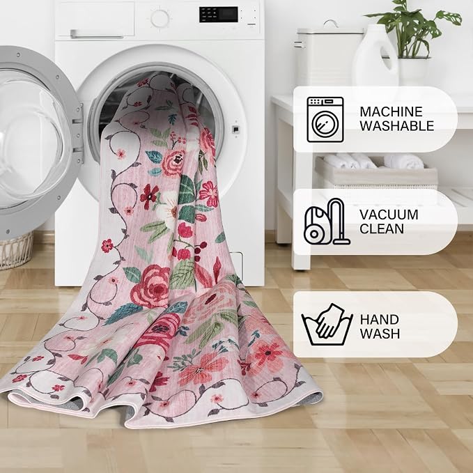 DUKINO Floral Round Rug, 4ft Washable Round Area Rug, Non Slip Indoor Low Pile - Image 8