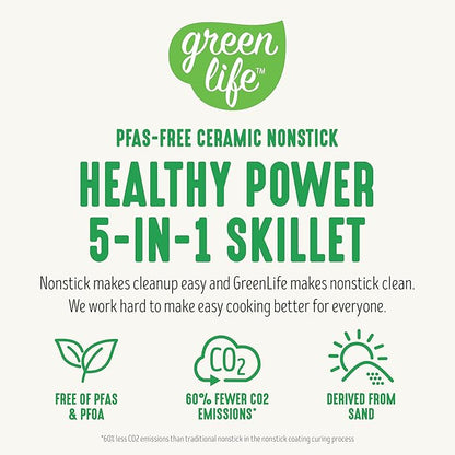 GreenLife12" 5QT Square Electric Skillet, Glass Vented Lid, Ceramic PFAS-Free - Image 8