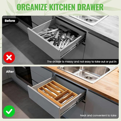 Bamboo Silverware Organizer, Bamboo Kitchen Drawer Cutlery Organizer, Utensil - Image 7