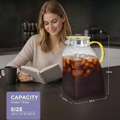 Glass Pitcher With Lid and Spout, 1.8 Liter 60 oz Glass Pitchers With Handle - Image 2