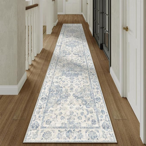 2x12 Washable Neutral Runner Rug Blue Vintage Hallway Kitchen Carpet Non-Slip - Image 2