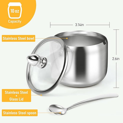 holoith Sugar Container with Glass Lid and Spoon - 10oz Stainless Steel Sugar - Image 3