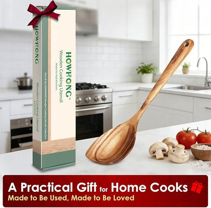 HOWHONG Corner Spoon Wooden Cooking Utensil, Long Handle Acacia Wood Spoon - Image 7