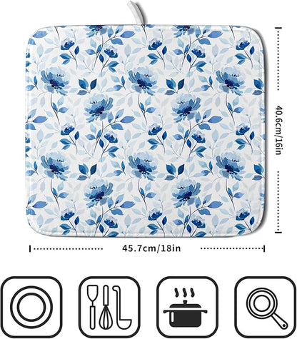Blue Floral Dish Drying Mat 16x18 inch Flower Leaves Dish Rack Pad Microfiber - Image 2