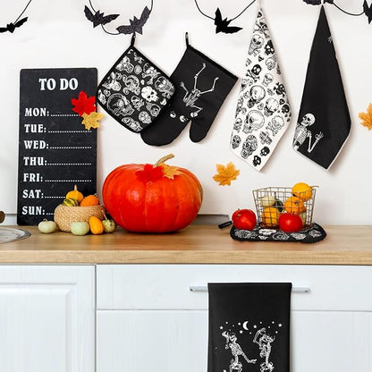 Leinuosen 8 Pcs Skull Kitchen Decor Set Kitchen Towels Gothic Oven Mitts and - Image 2