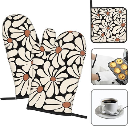 Boho Floral Pot Holders and Oven Mitts Set, Cute Black and Beige Kitchen Mitts - Image 3