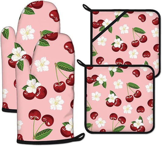 Cherry Oven Mitts and Pot Holders Sets Heat Resistant 4Pcs White Flower by ANTJOO
