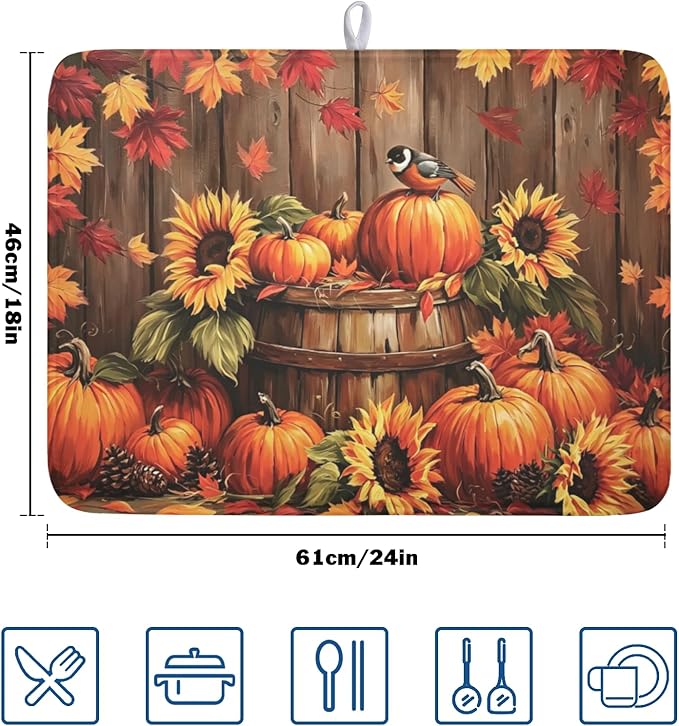Fall Pumpkin Dish Drying Mat for Kitchen Counter Thanksgiving Autumn Harvest - Image 2