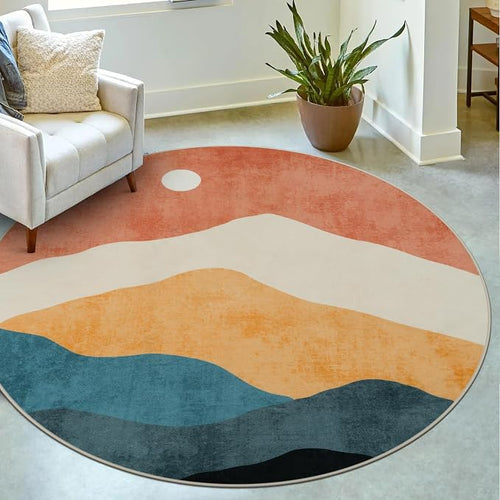 Abstract Round Rug for Bedroom 4ft, Faux Wool Soft Area Circle Area Rug by Sungea