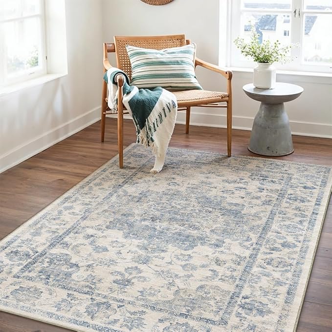 3x4 Washable Neutral Area Rug Blue Vintage Entryway Office Carpet Non-Slip Soft - Image 3