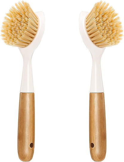 2 Pack Kitchen Dish Brush Bamboo Handle Dish Scrubber Built-in Scraper by Songtaste