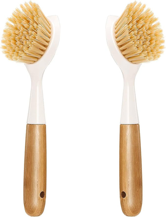 2 Pack Kitchen Dish Brush Bamboo Handle Dish Scrubber Built-in Scraper by Songtaste