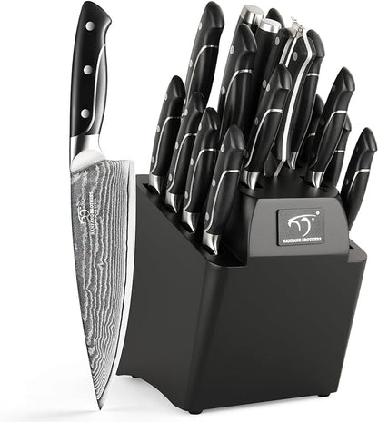 18 Pieces Damascus Kitchen Knife Set, 8 Piece Steak Knives, Non-slip ABS by NANFANGBROTHERS