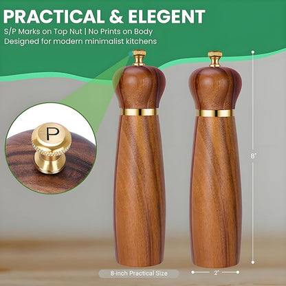 Acacia Wood Salt and Pepper Grinder Set, 8-Inch Manual Pepper Mill Grinder - Image 4