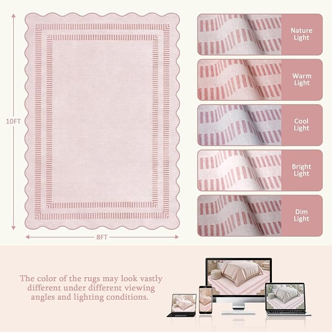 Pink Rugs for Living Room 8x10, Soild Machine Washable Area Rugs for Bedroom - Image 2