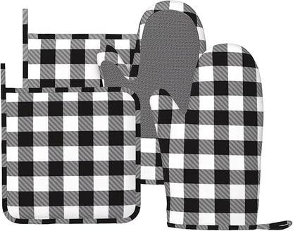 Buffalo Plaid Black and White Oven Mitts and Pot Holders Set by Unknown