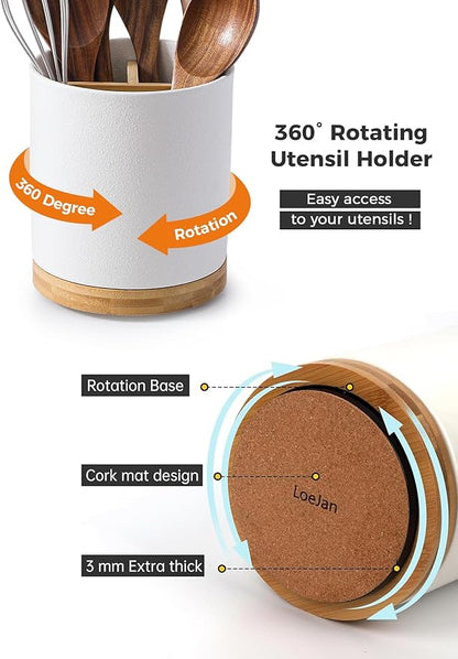 LoeJan 3 Compartment Utensil Holder, Extra Large Utensil Crock, Stable Ceramic - Image 5