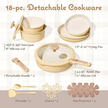 CAROTE 18 Pcs Ceramic Cookware Set Detachable Handle, Non Toxic Pots and Pans - Image 2