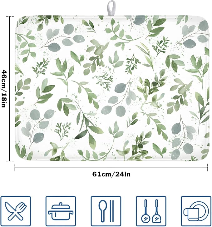 Spring Summer Sage Green Leaves Dish Drying Mat 18 x 24 Inch Spring Eucalyptus - Image 2