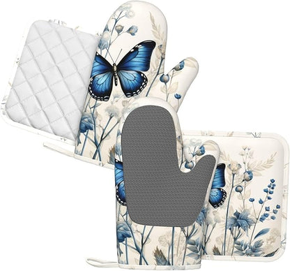 Oven Mitts and Pot Holders Butterfly Blue Flower Boho Silicone Kitchen - Image 2