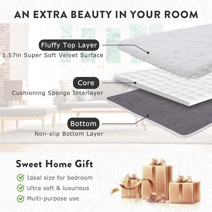 5x7 White Rugs for Bedroom, Soft Fluffy Shaggy Rugs for Living Room, Non-Slip - Image 6