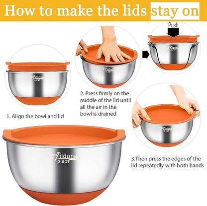 Wildone Mixing Bowls with Airtight Lids, 3 Grater Attachments, Measurement - Image 7