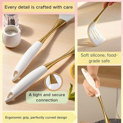 Elegant White Gold Silicone Cooking Utensils Set - Image 6