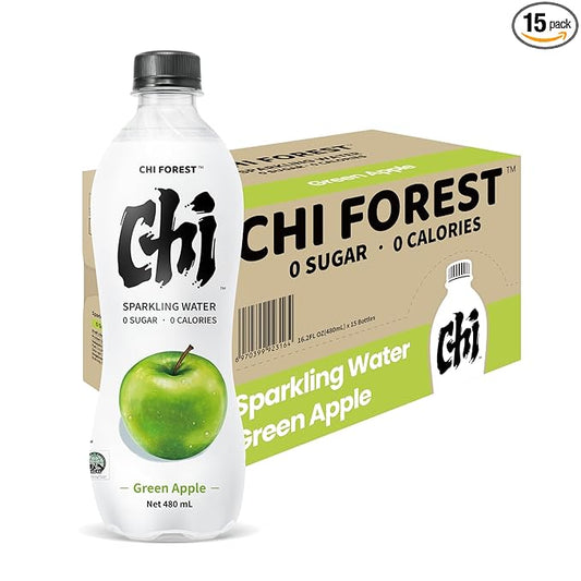 CHI FOREST Flavored Sparkling Water Beverage, Green Apple, Zero Sugar, 16.2 fl oz Bottles (pack of 15)