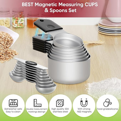 Magnetic Measuring Cups & Spoons Set|304 Stainless Steel Dual Scale Set of 15 - Image 2