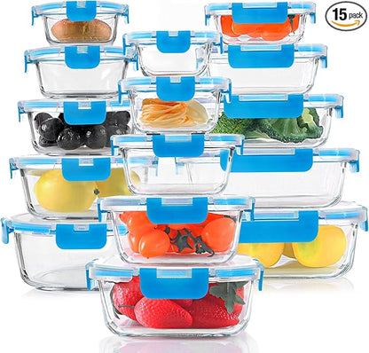 30 Pieces Glass Food Storage Containers, Meal Prep Set by KOMUEEUS
