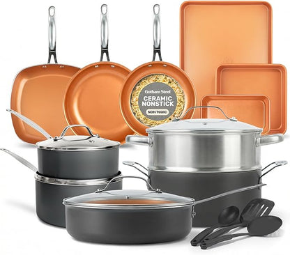GOTHAM STEEL 20 Pc Ceramic Cookware Set, Copper Pots and Pans Set Non Stick by GothamSteel