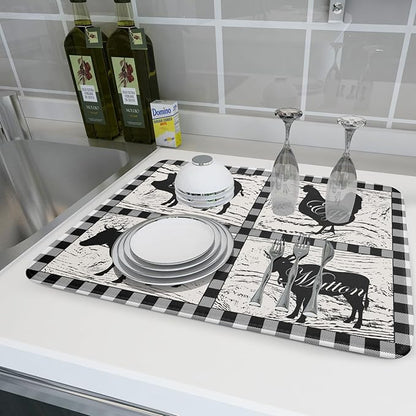 Farmhouse Animal Dish Drying Mat Buffalo Plaid Drainer Rack Mats Fast Dry - Image 6