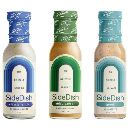 SideDish Healthy Dressing Variety Pack - Classic Ranch, Miso Caesar, Greek Vinaigrette - Seed Oil, Gluten & Dairy Free Salad Dressing w/Avocado Oil - Refined Sugar Free Umami Sauce for Dinner Recipes