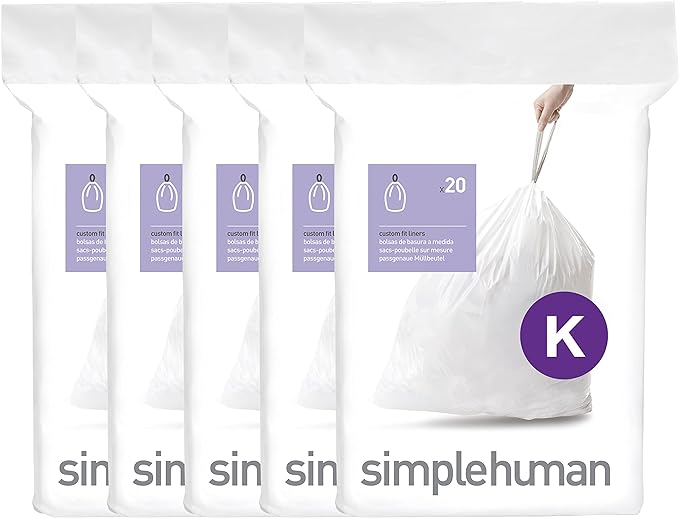 simplehuman Code K 100 Count Custom Fit Liners, Drawstring Kitchen Trash Bags by Simplehuman