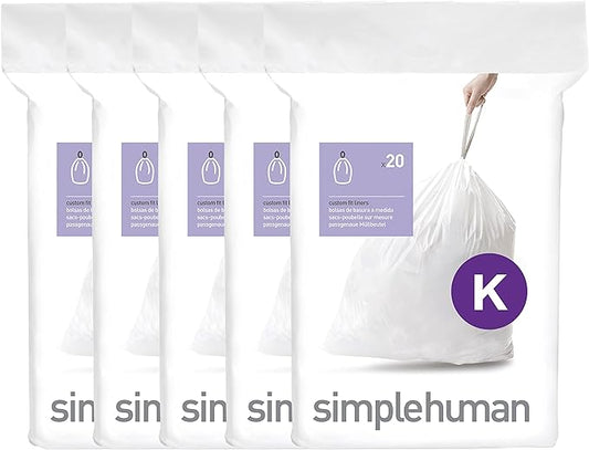 simplehuman Code K 100 Count Custom Fit Liners, Drawstring Kitchen Trash Bags by Simplehuman