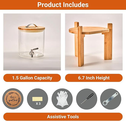 Glass Beverage Dispenser with Bamboo Stand 6.7 In and Lid, Iced 1.5 Gallon - Image 7