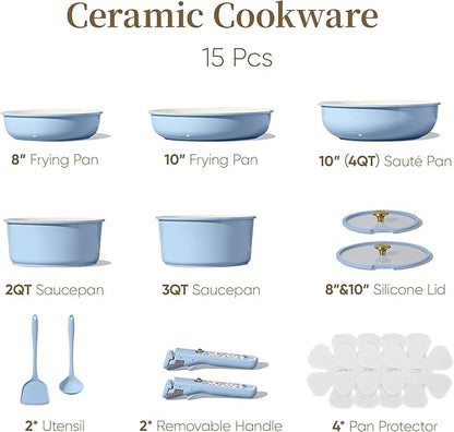 CAROTE 15Pcs Ceramic Cookware Set, Pots and Pans Set Non Stick, Kitchen Cooking - Image 2