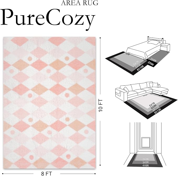 PureCozy Checkered Rug 8x10 Fluffy Shag Living Room Pink Area Rug Modern - Image 2