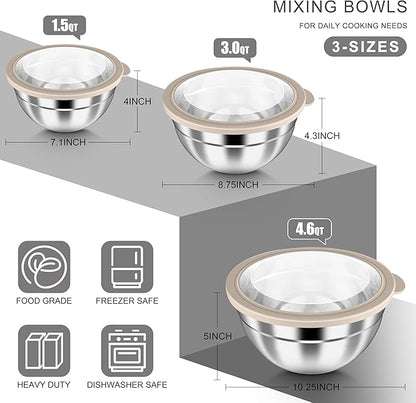 HaWare Mixing Bowls with Airtight Clear Lids, 6-Piece Stainless Steel Strong - Image 2