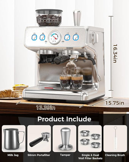 (2025 Upgrade)20 Bar Espresso Machine with Grinder & Milk Frother Steam Wand, Tamping Tools, Expresso Coffee Machines 58mm Commercial Espresso Maker for Home or Café, Perfect for latte, Cappuccino