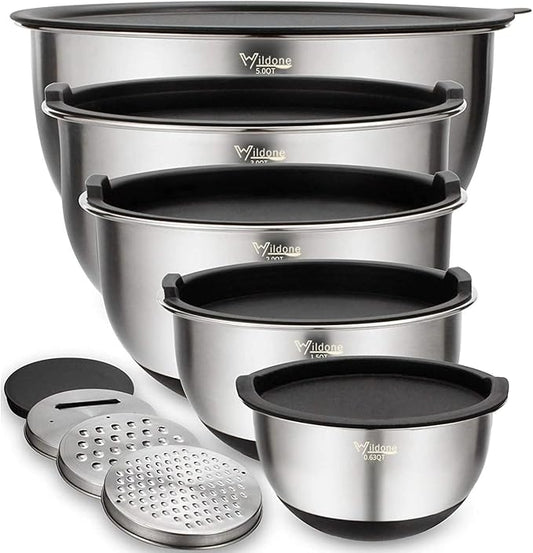 Wildone Mixing Bowls with Airtight Lids Set, with Grater Attachments & Non-Slip by Wildone