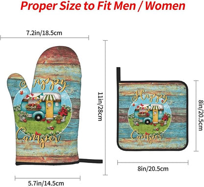Happy Camper Oven Mitts and Pot Holders Sets of 4, Resistant Hot Pads - Image 3
