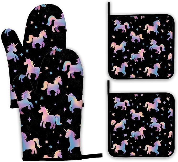 Cute Unicorn Pattern Oven Mitts and Pot Holders Set by Unknown