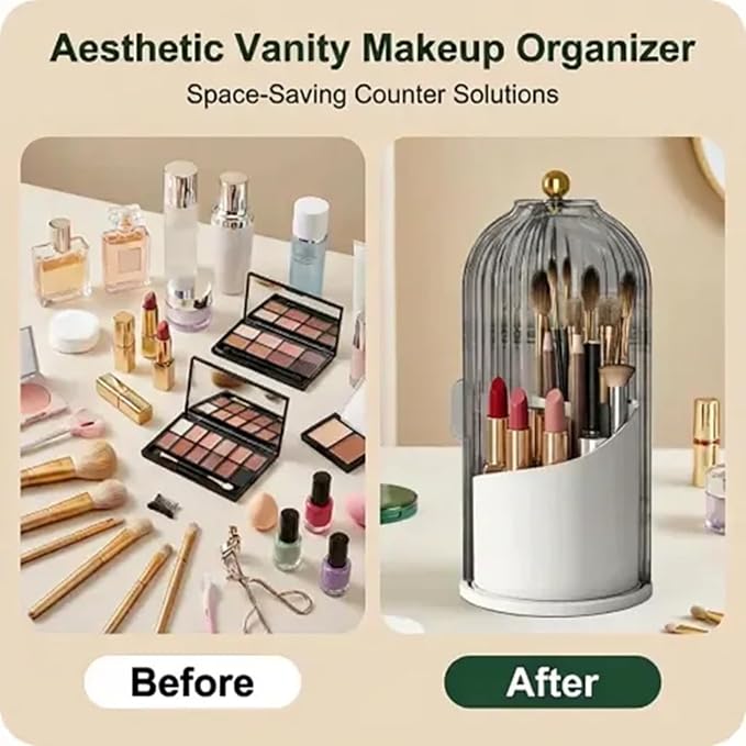 Makeup Brush Holder with Lid 360° Rotating 3-Compartment Makeup Organizers - Image 4