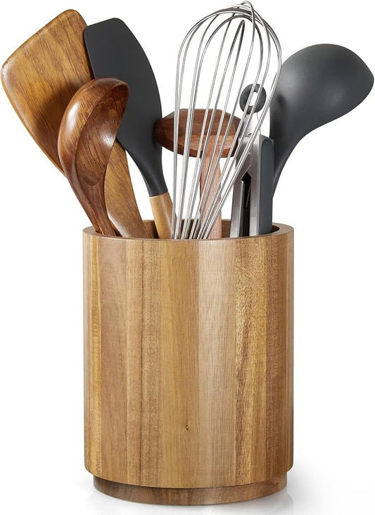 Bivvclaz Acacia Wood Utensil Holder, 360°Rotating 7.2" Utensil Holder by Bivvclaz